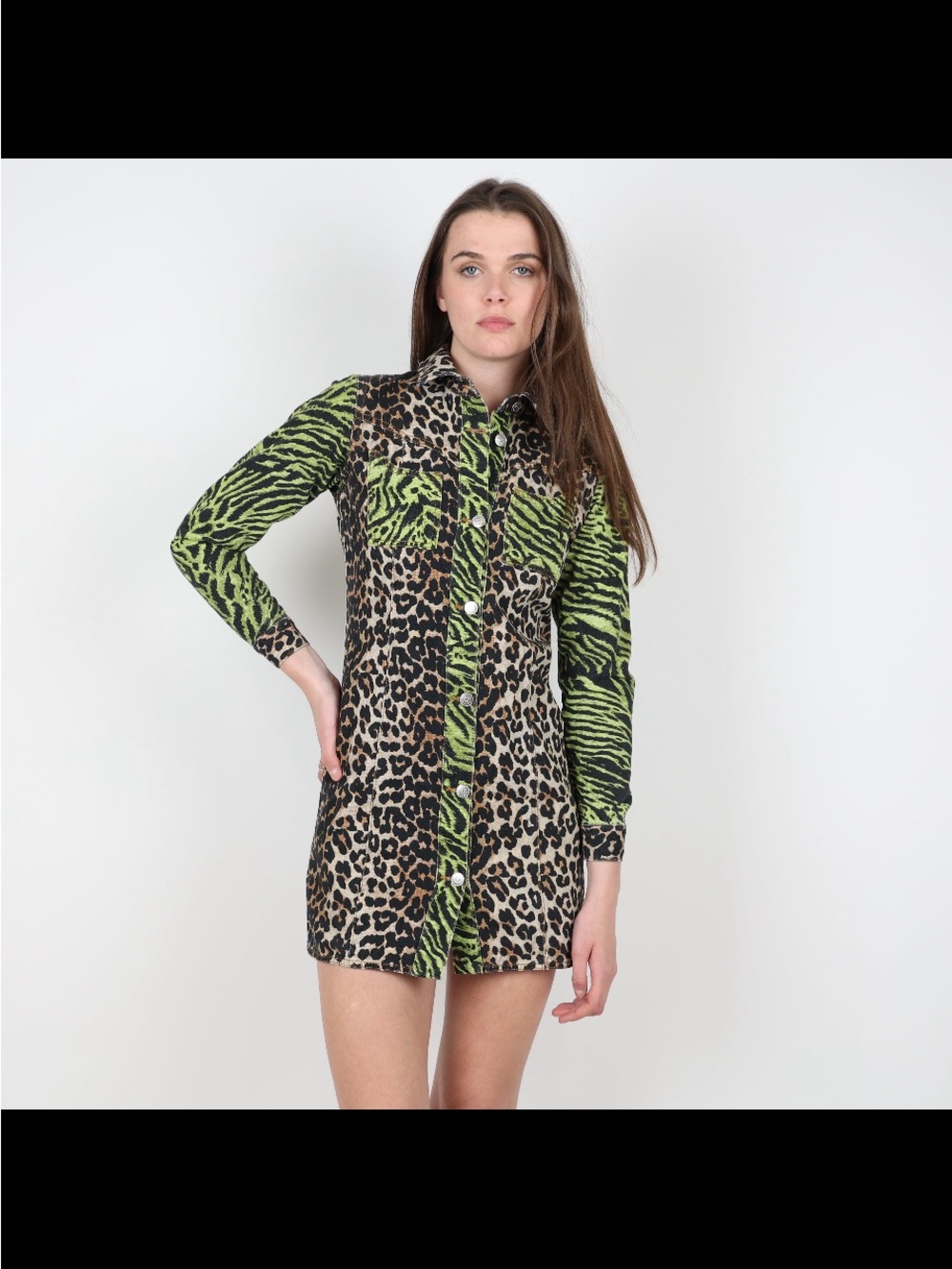 Ganni Green and Brown Animal Print Long Sleeve Denim Dress